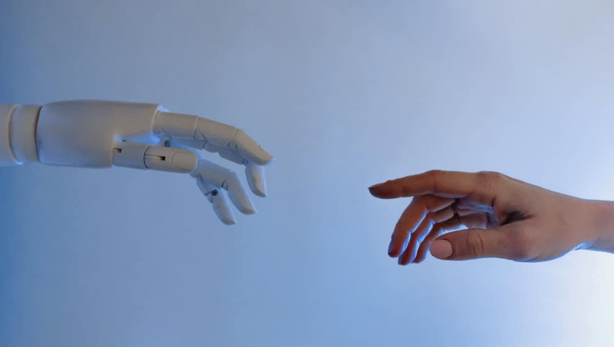 A robot is reaching out to a human hand in an e-commerce context.