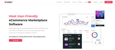 A screenshot of an eCommerce Marketplace Platform's homepage featuring graphs, statistics, recent orders, and product cards with a tagline highlighting its user-friendliness for startups and enterprises.