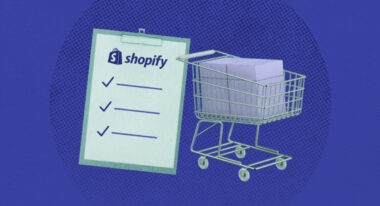 Illustration of a clipboard with a Shopify logo and checklist beside a shopping cart filled with boxes, set against a blue dotted background—perfect for game-changing merchants optimizing their Shopify Checkout experience.