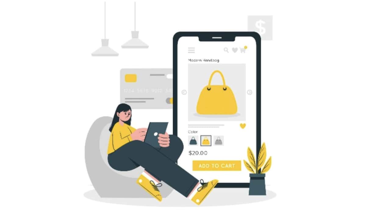 A woman sitting in a chair, browsing her phone with a shopping bag beside her.
