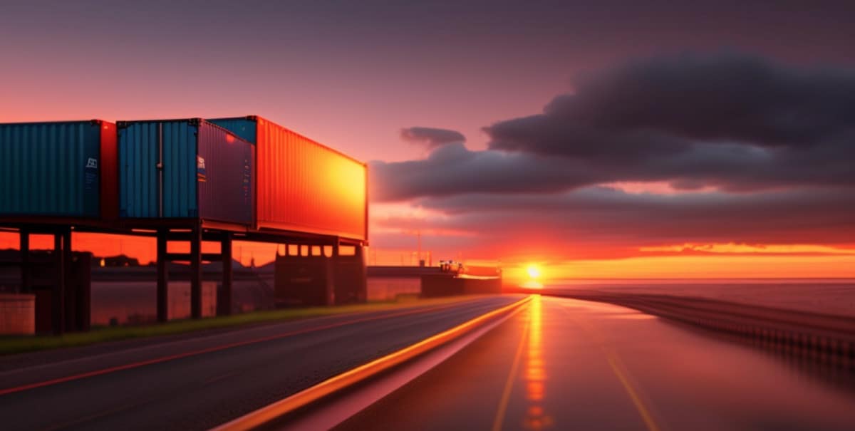 An image of a shipping container on a highway at sunset, showcasing integrated logistics solutions.