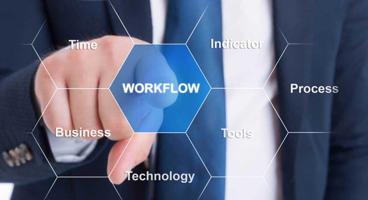 A man in a suit is pointing at the word "workflow" to improve business management.