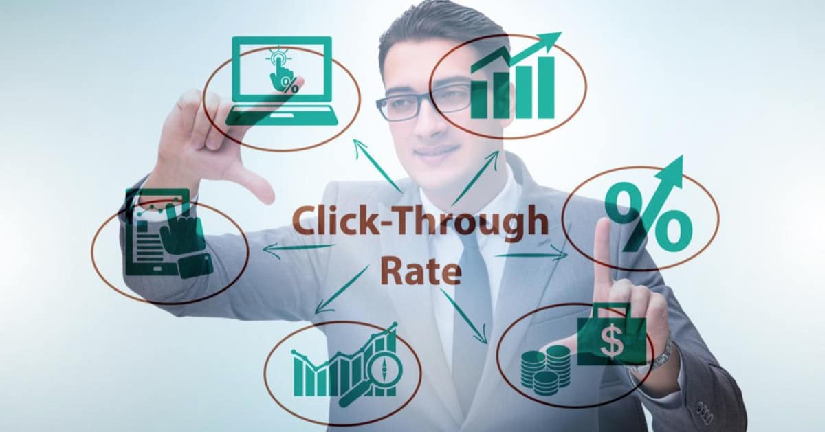 A businessman pointing to the word click through rate on Google.