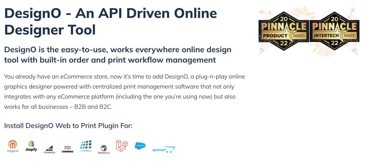 Image of an advertisement for DesignO, a plugin-driven online design tool, showing its features and compatibility with platforms like Shopify, WooCommerce, and Pinnacle. It includes various company logos at the bottom.