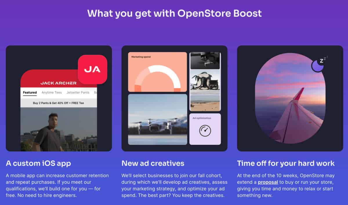 Graphic showing features of openstore boost for Shopify Merchants, including a custom iOS app, new ad creatives, and time off for hard work, with corresponding images within a sleek, modern interface.