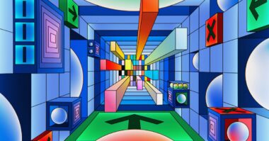 Colorful abstract geometric artwork depicting a 3D tunnel with varied shapes and bold patterns in a vivid color palette, symbolizing the collaboration between different industries.