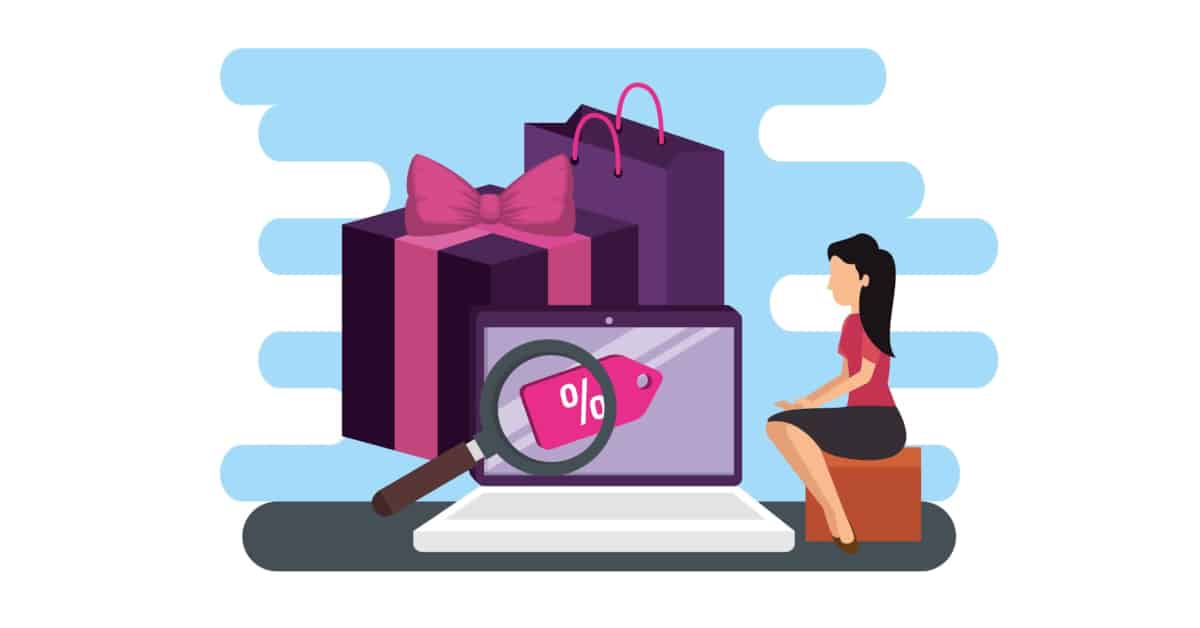 A woman sits next to a laptop displaying a discount icon, with large gift bags and a gift box in the background, as part of an employee training session on service quality.