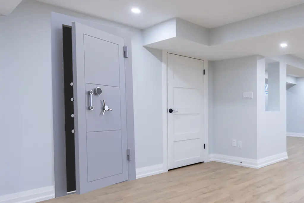 Interior of a modern home showing a hallway with two closed doors, one metallic with advanced features including multiple locks and one wooden, on a wooden floor.