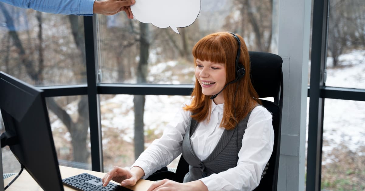 A woman with red hair, wearing a headset, sits at a desk working on a computer focused on digital marketing strategies. A person holds a speech bubble sign above her. The office setting features large windows with a snowy view outside, fostering customer engagement through personalized content.