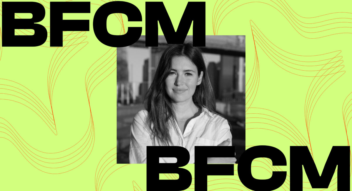 A grayscale photo of a woman with long hair in front of an industrial background. The large letters "BFCM" are displayed above and below the image against a lime green backdrop with abstract wavy lines, highlighting the excitement of Black Friday and Cyber Monday.