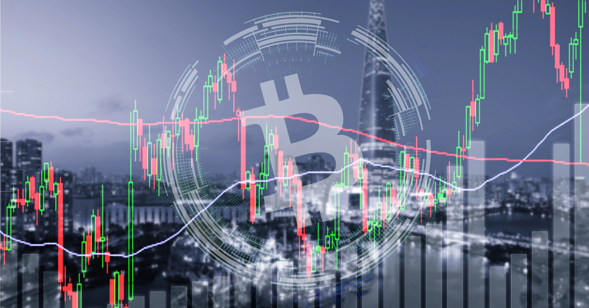 Graphical representation of cryptocurrency trading with fluctuating candlestick charts against a cityscape background, highlighting the benefits of incorporating blockchain technology and featuring a prominent Bitcoin symbol overlay.