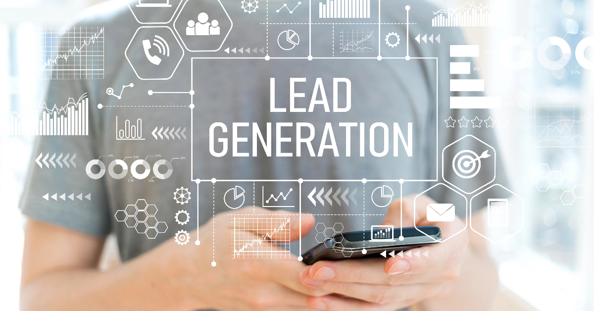 Person holding a phone, with "Generating Leads" text and various graphical icons overlayed, representing digital marketing concepts like charts, communication, and target symbols.