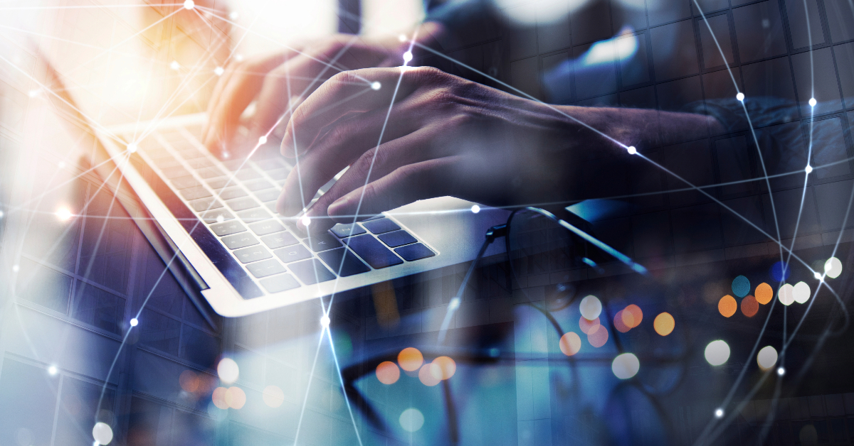 Hands typing on a laptop keyboard with overlaid graphics representing networking and data connections, symbolizing technology and internet connectivity.