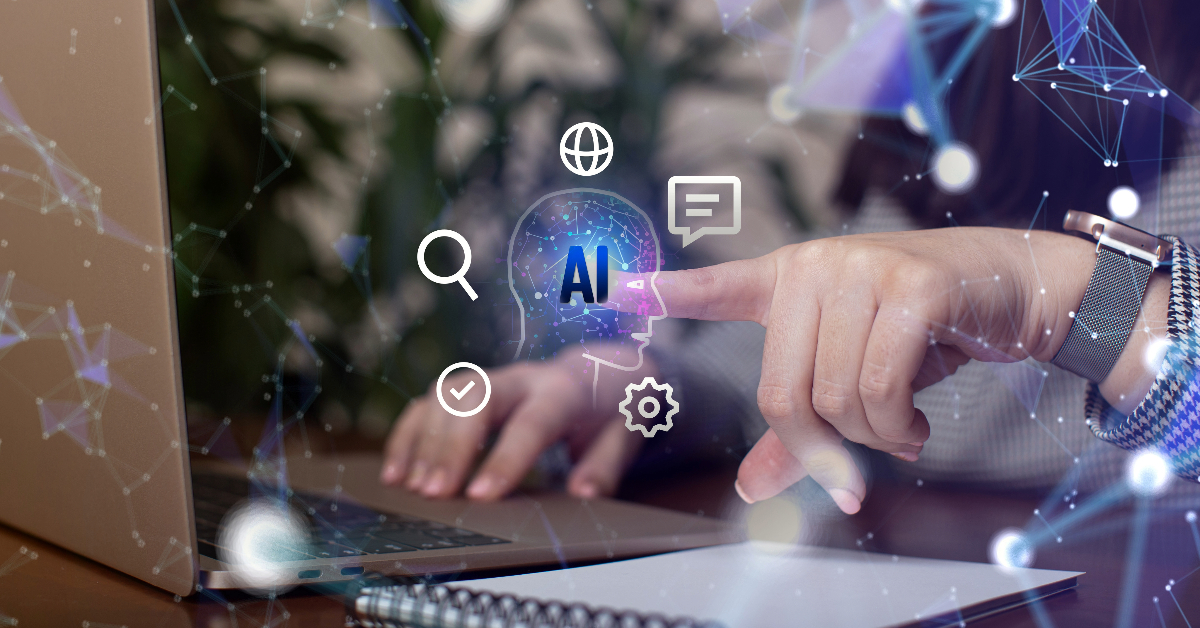 A person touches a digital "AI" icon on a screen, surrounded by various technology and communication icons, emphasizing the strategic implications for business leaders. Nearby, a laptop sits ready for action.