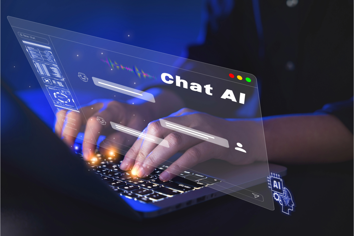 Person typing on a laptop with a holographic display of ChatGPT AI interface, seamlessly integrating Ecommerce Marketing solutions for Shopify Stores.