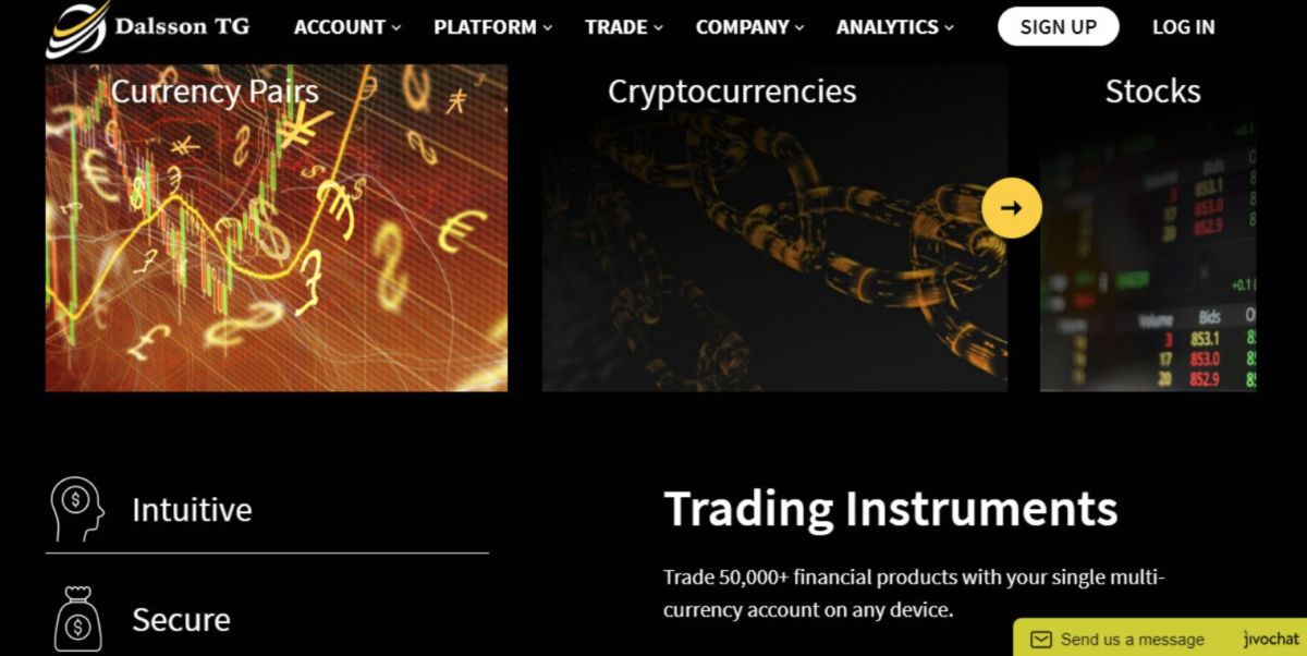 The DalssonTG.com trading platform homepage, by Dalsson Trust Group, features sections for Currency Pairs, Cryptocurrencies, and Stocks. The text promotes intuitive and secure trading of over 50,000 financial products on any device with comprehensive analytical detailing.