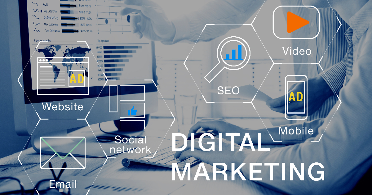 An individual points at a screen displaying digital marketing elements, including website, email, social network, SEO, mobile, and video, overlaid with related icons and graphs—perfect for those taking a digital marketing course.