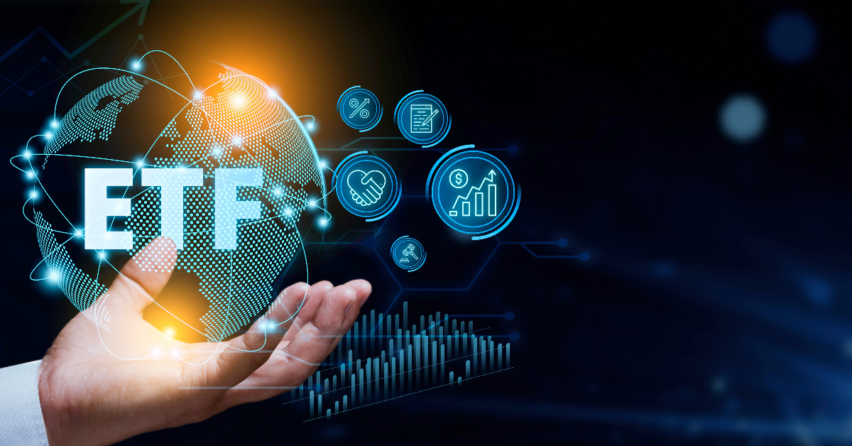 A hand holding a holographic globe displaying "ETF" with various financial icons in the background, highlighting the opportunities and risks of investing, including emerging Bitcoin-ETFs.