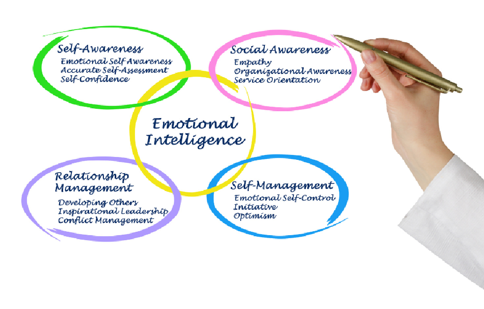 A hand writes on a whiteboard illustrating an Executive Coaching diagram with four interconnected circles: Self-Awareness, Social Awareness, Self-Management, and Relationship Management.