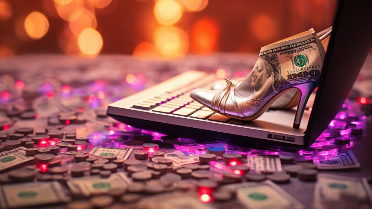 A high-heeled shoe covered in a dollar bill design rests on a laptop keyboard, with scattered poker chips and dollar bills around it, against a background of blurred lights. This eye-catching trend captures the intersection of exploring new ventures and selling feet pics online.