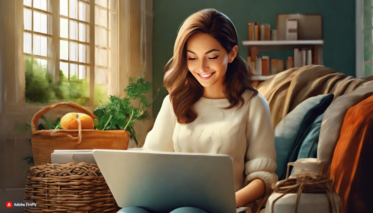 A woman sits indoors by a window, smiling down at a laptop on her lap. Surrounded by cozy decor, including a basket with green leaves and a pumpkin, she's clearly mastering the art of upselling from the comfort of her home.