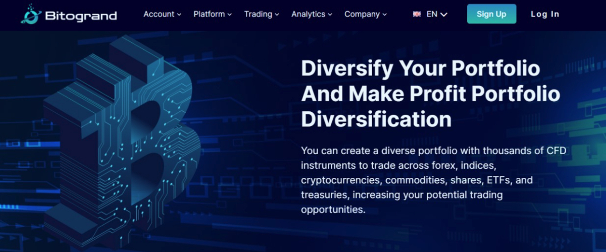 Bitogrand website homepage with a tagline encouraging portfolio diversification. Features navigation menu (Account, Platform, Trading, Analytics, Company) and options to sign up or log in. Discover reliable Forex Exchanging insights and check out Bitogrand Opinie for informed decisions.