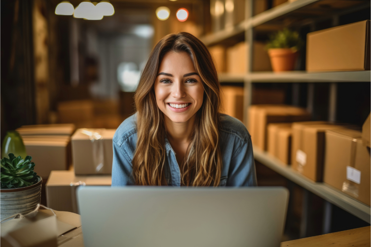 A woman in a denim shirt smiles while seated at a desk in a warehouse-like environment, with numerous cardboard boxes and shelves of products that sell well for her online business in the background.