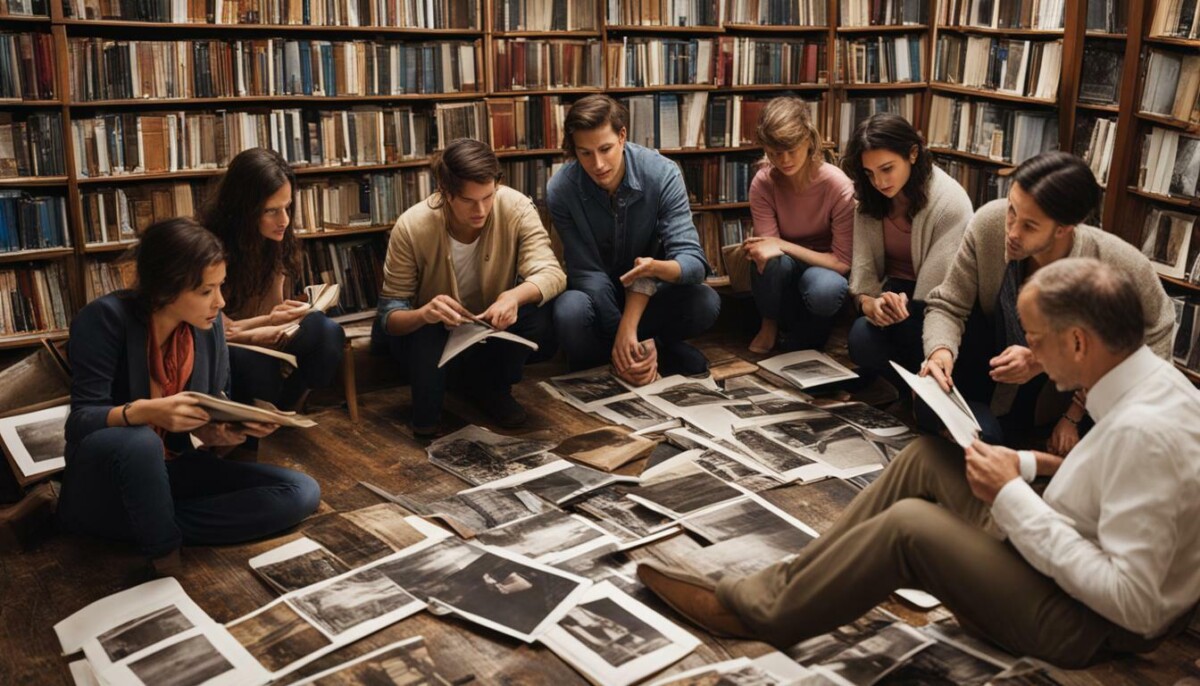 A group of eight people sit on a library floor, examining black-and-white photographs spread out in front of them, surrounded by bookshelves filled with books. They discuss the psychological phenomenon captured in each image.