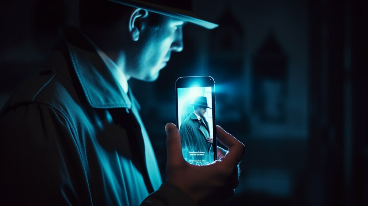 A person in a trench coat and hat holds a smartphone displaying their image, illuminated by blue light in a dimly lit setting, perhaps using reverse phone lookup to uncover callers' identities.