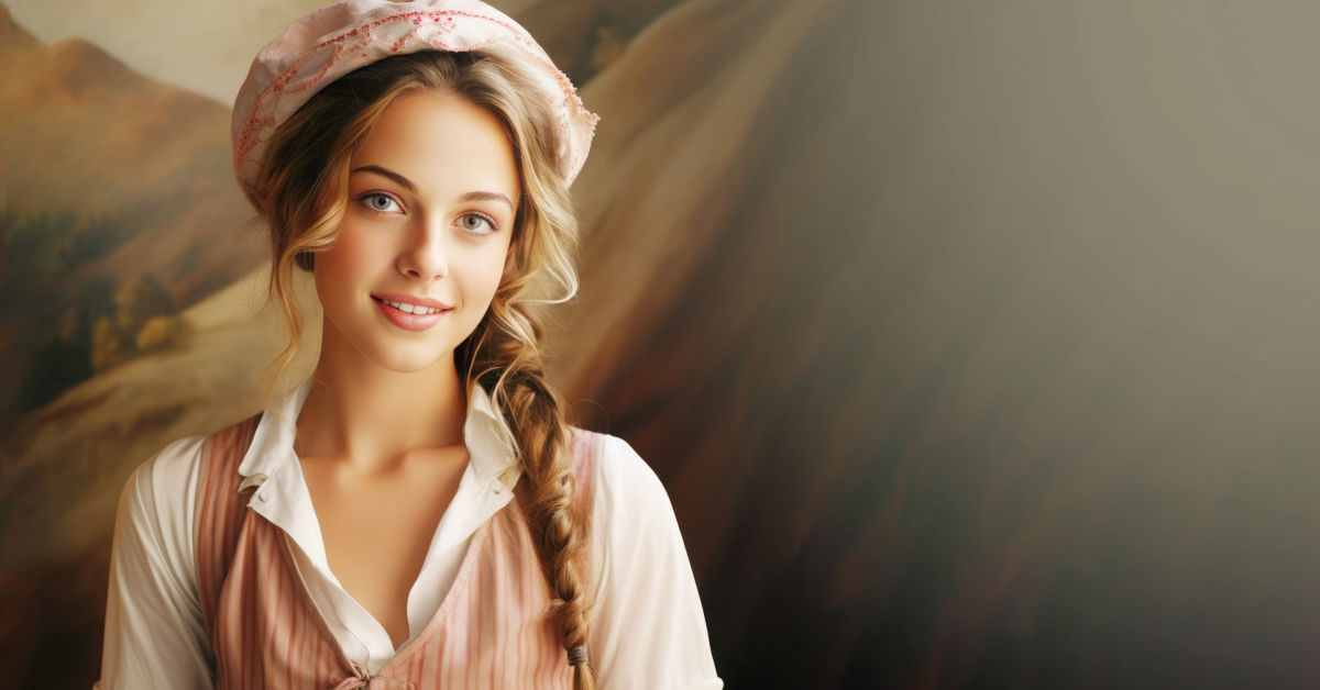 Young woman with long braided hair, wearing a white blouse and a pink hat, smiles gently against a backdrop of blurred warm-toned scenery. She's recently ventured into selling foot photos, sharing her unique style and beauty through feet pics Switzerland enthusiasts love.