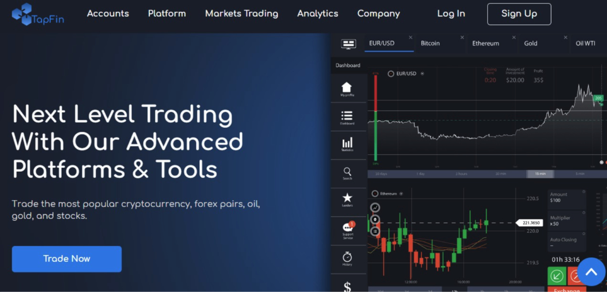 Screenshot of a trading platform interface featuring various charts and tools for trading cryptocurrencies, forex pairs, oil, gold, and stocks. The left panel promotes advanced trading tools and platforms, showcasing Tapfin.io Review's awe-striking security measures.