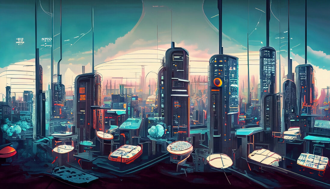 A futuristic cityscape featuring tall buildings with neon accents, various platforms, hyper-converged infrastructure, and advanced technology under a dome-like sky.