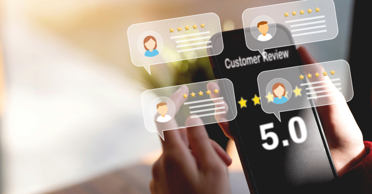 A person holds a smartphone displaying a customer review rating of 5.0 with multiple overlay graphics of five-star reviews and profile icons, showcasing the power of eCommerce in driving continuous improvement.