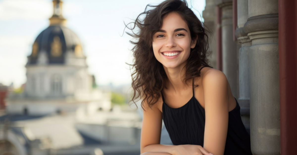 A woman with curly hair and a black top smiles while sitting outdoors on a sunny day in Argentina, with a blurred building featuring a dome in the background.