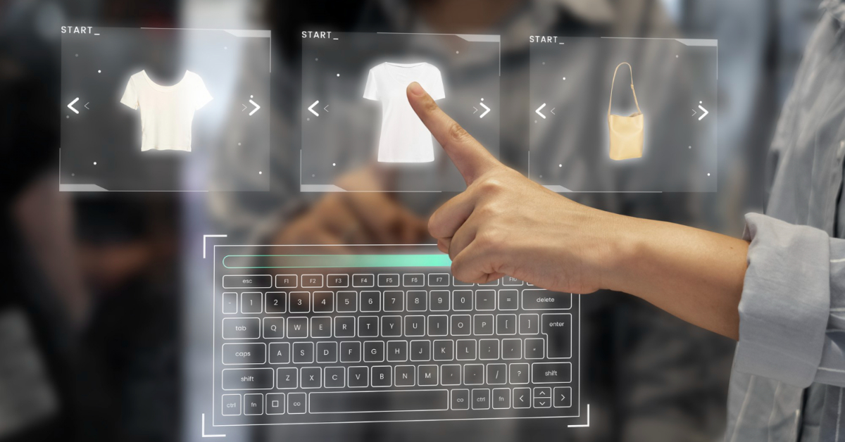 A person uses a touch screen to select clothing items, including tops and a bag, on an ecommerce platform, with a virtual keyboard visible below.