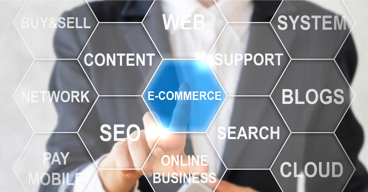 A person in a suit interacts with a hexagonal interface displaying terms like "E-Commerce," "SEO," "CONTENT," and "SUPPORT," utilizing SaaS tools for enhanced E-commerce content localization.
