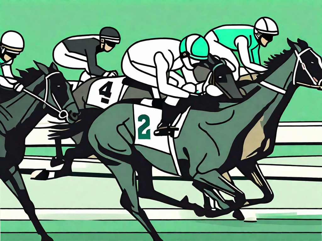 A racetrack with several racing horses