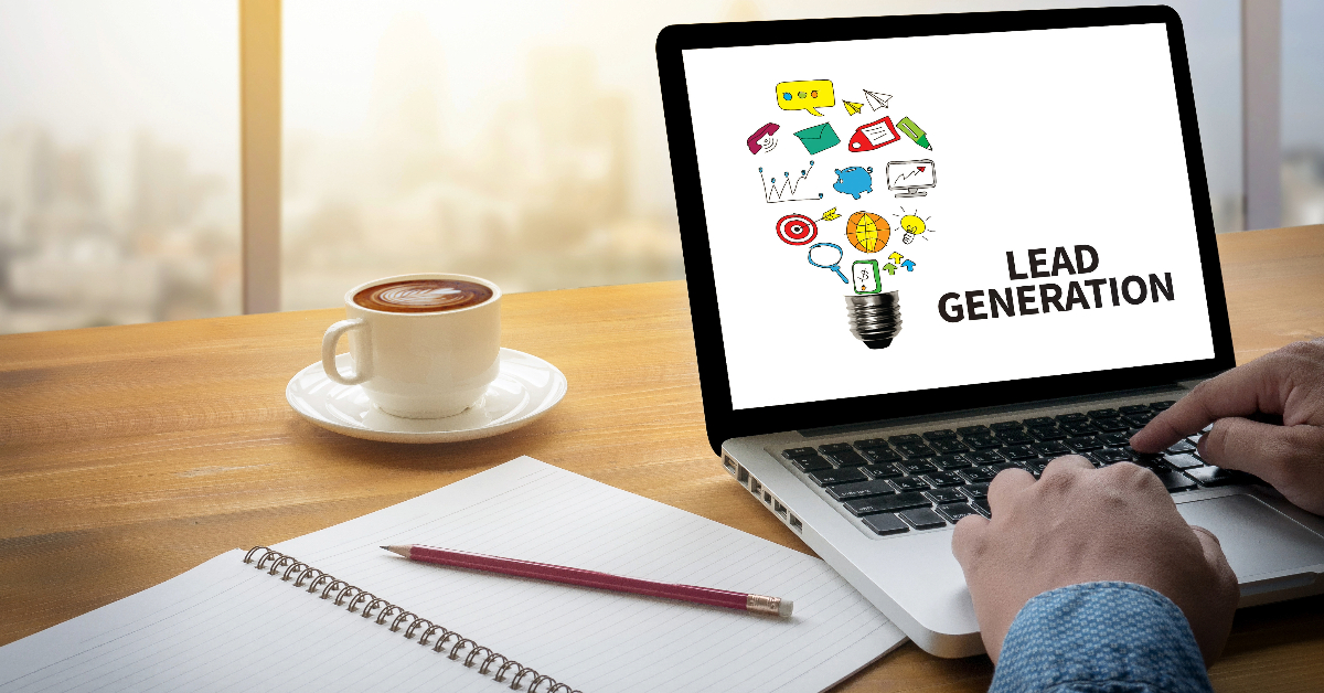 Laptop on a desk displaying the text "LEAD GENERATION" with related icons, alongside a cup of coffee and an open notebook. The setup perfectly captures the essence of eCommerce strategy brainstorming.