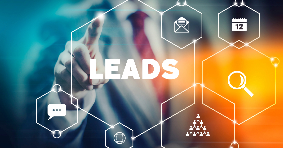A person in a suit points to the word "LEADS" surrounded by icons representing communication, email, calendar, magnifying glass, network, and global connectivity, illustrating how SaaS solutions can optimize revenue maximization.