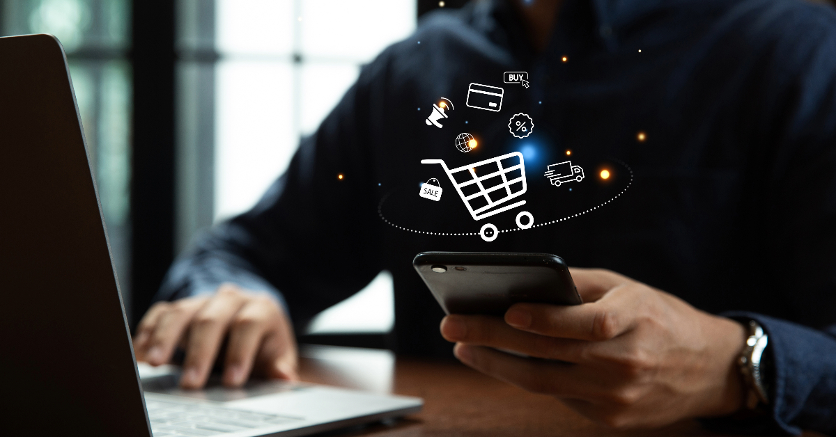 A person is using a smartphone and laptop with floating online shopping icons, including a shopping cart, delivery truck, and sale tag in the foreground. Customer reviews pop up intermittently, adding user-generated content to their shopping experience.