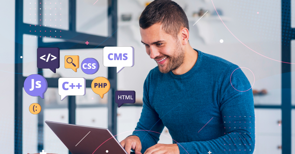 A person using a laptop with programming and web development icons, such as HTML, C++, PHP, CSS, JavaScript, and CMS displayed around them. They're developing Ecommerce Websites using various programming languages.