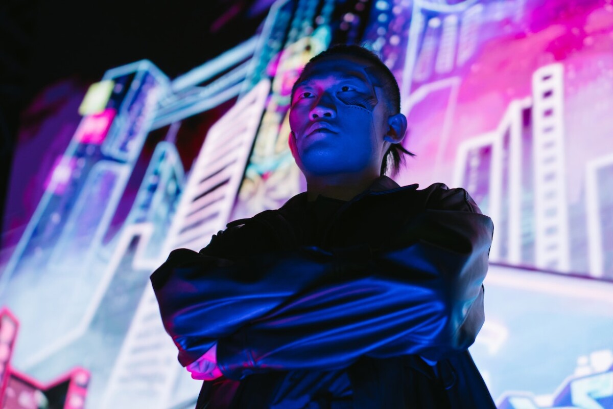 Person with face paint stands with arms crossed against a vibrant, neon-lit cityscape background, embodying a future-proof strategy.