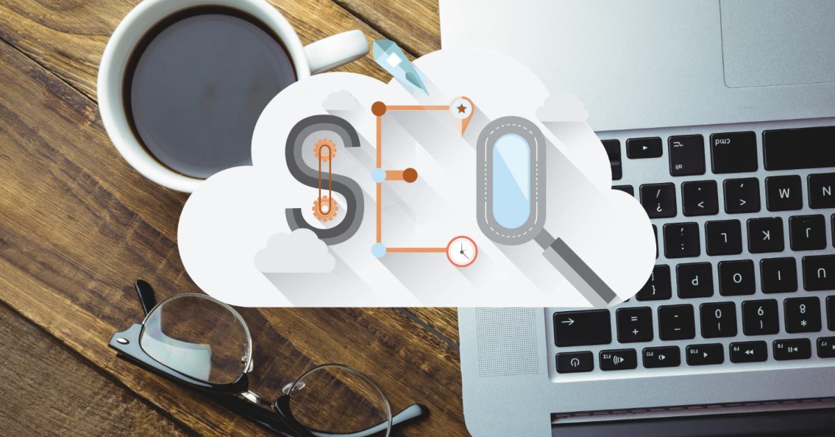 A coffee cup, eyeglasses, and a laptop on a wooden desk, with an overlay of SEO-related icons including gears, a magnifying glass, and a graph—highlighting the symbiotic connection between your website's design and effective SEO strategies.