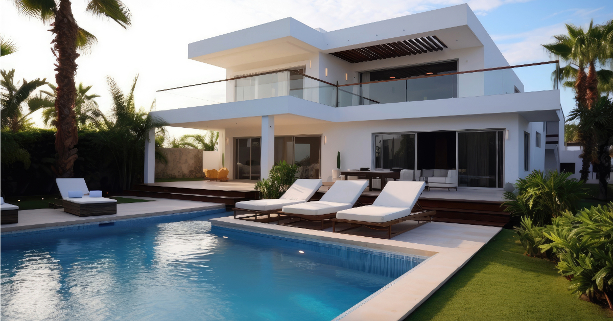 A luxurious modern villa in Marbella with a swimming pool and lounge chairs, perfect for investing.