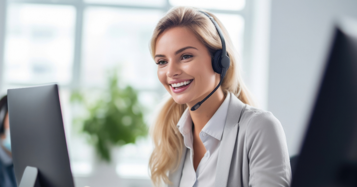 A woman wearing a headset in front of a computer providing customer service.