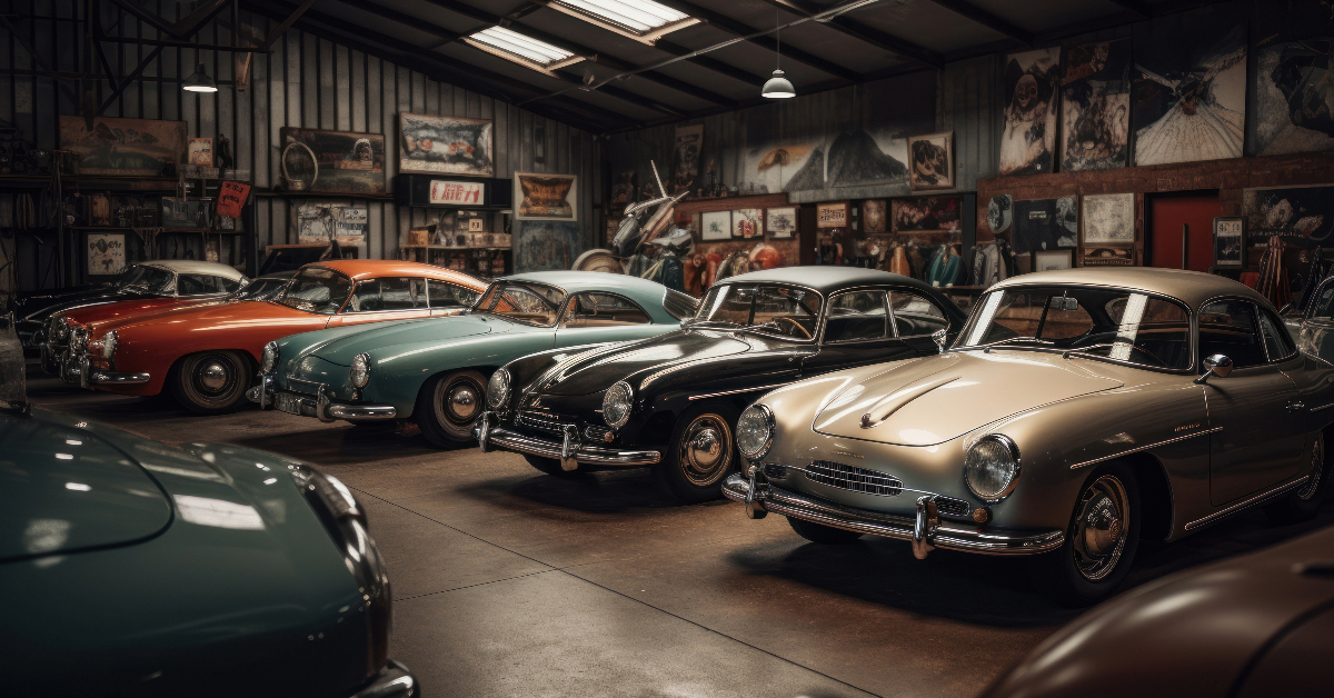A collection of expensive classic cars is displayed in an indoor garage, with posters and artworks adorning the walls.