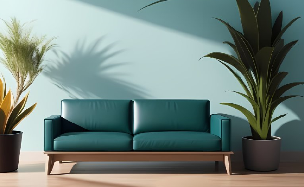 A living room with a green couch and potted plants transformed into an AI-generated image using the Unleash Magic technology from an E-Commerce AI Product Image Generator.