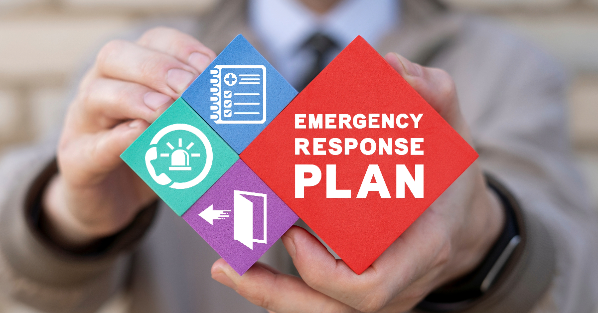 Person holding colorful blocks with emergency response plan symbols, including an alarm, a person making a phone call, a computer database for data protection, and an action direction.