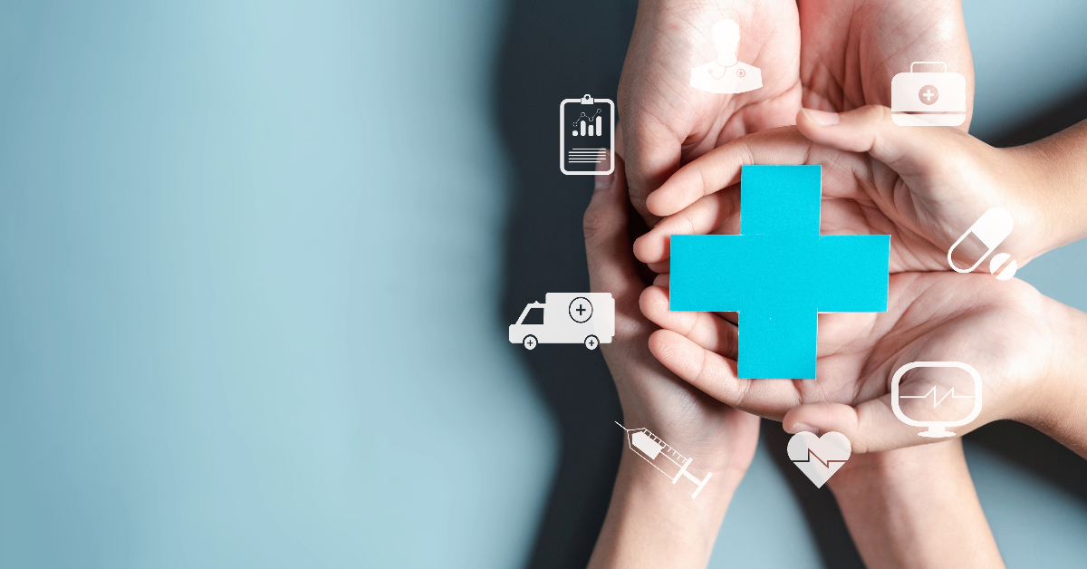 A cost-effective solution for UK businesses, a group of hands holding a blue cross symbol.