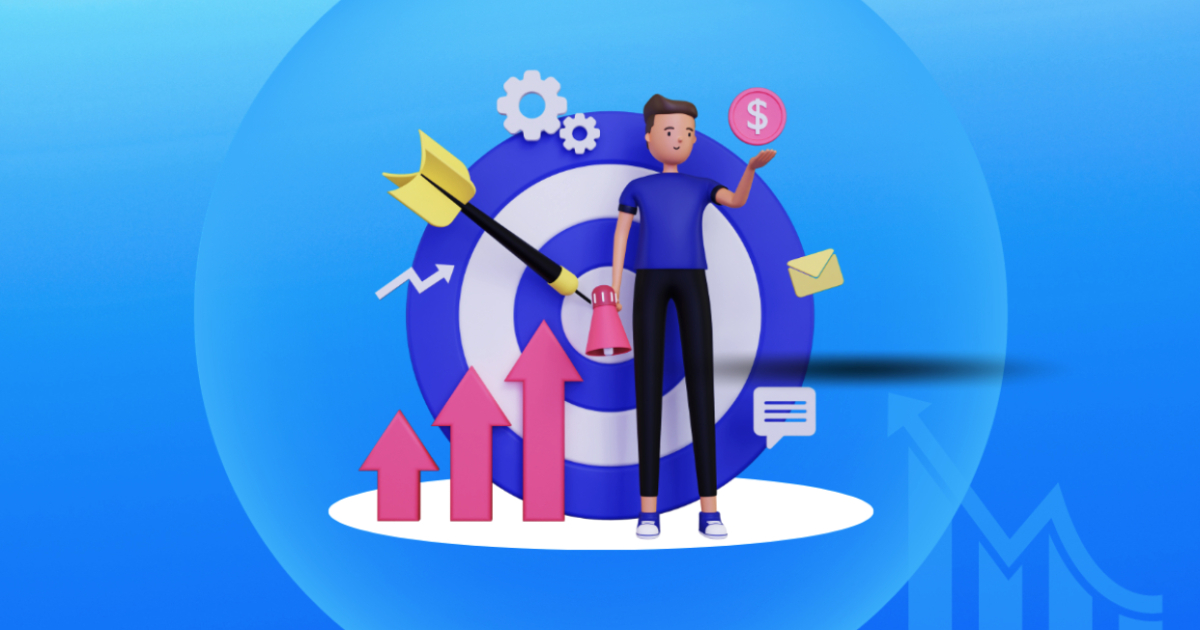 A man holding an arrow and a target on a blue background, showcasing Tech-Infused Marketing.